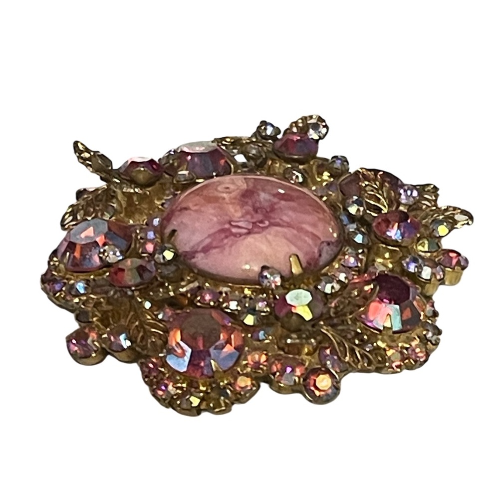 Vintage Juliana Large Pink Marbled Cabochon Aurora Borealis Crystal Brooch - Picture 4 of 9